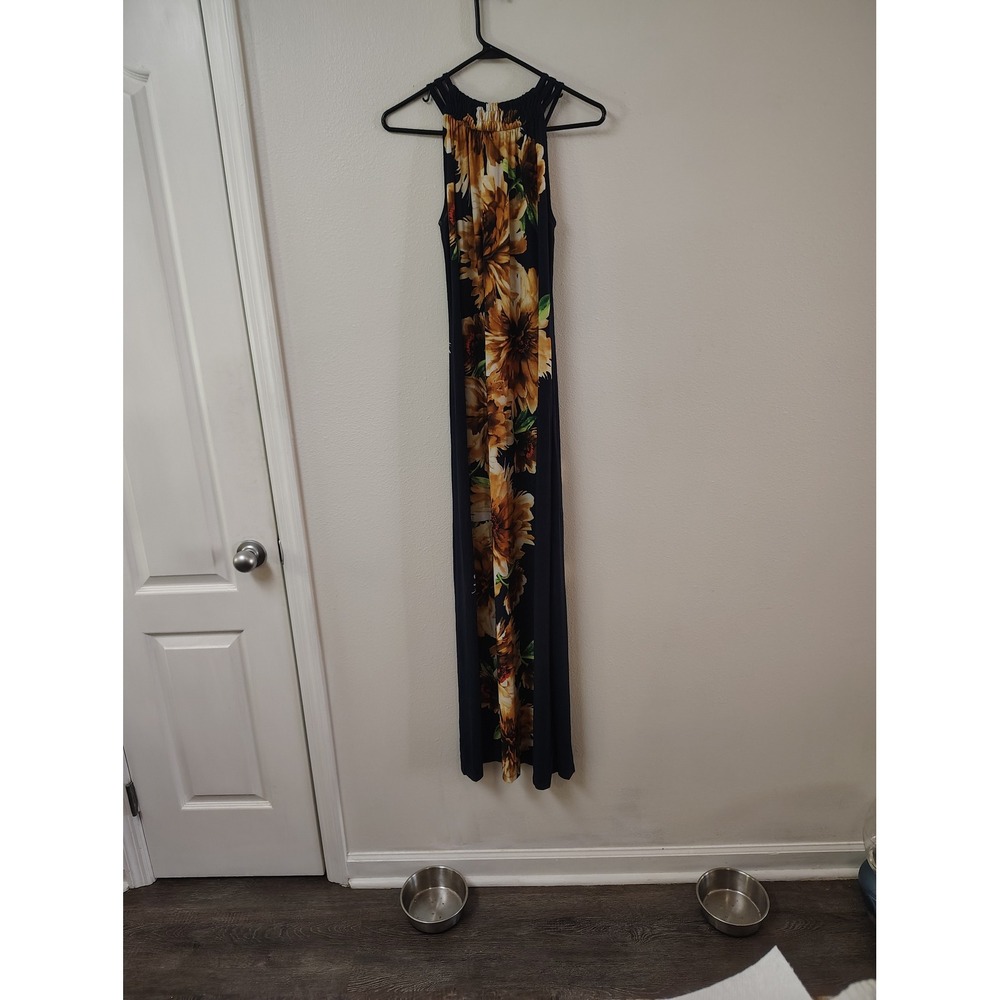 Emma & Michele Sunflower Floral Maxi Dress Navy Blue Halter Neck‎ Sleeveless